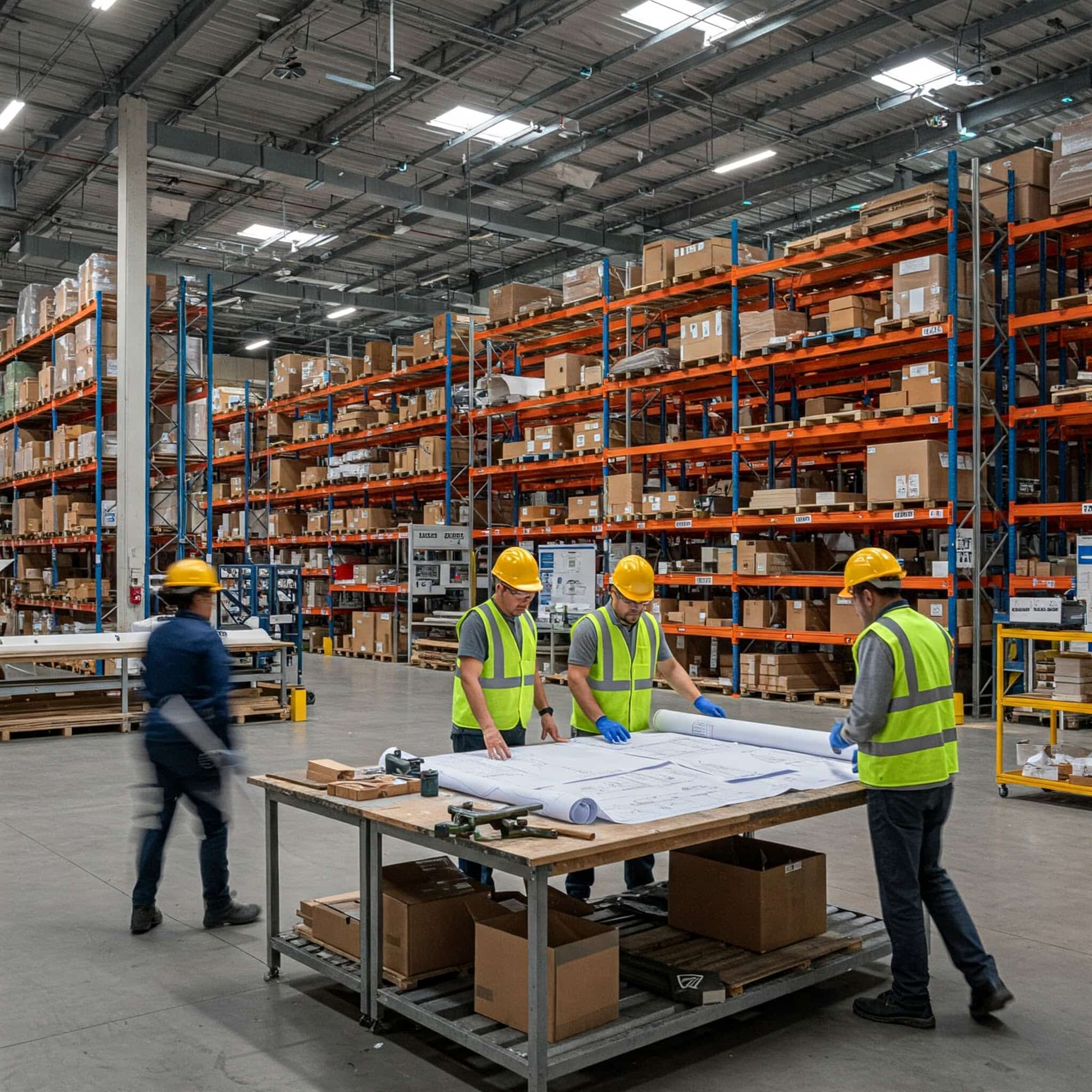 A warehouse with IMH workers reviewing site plans for a racking layout