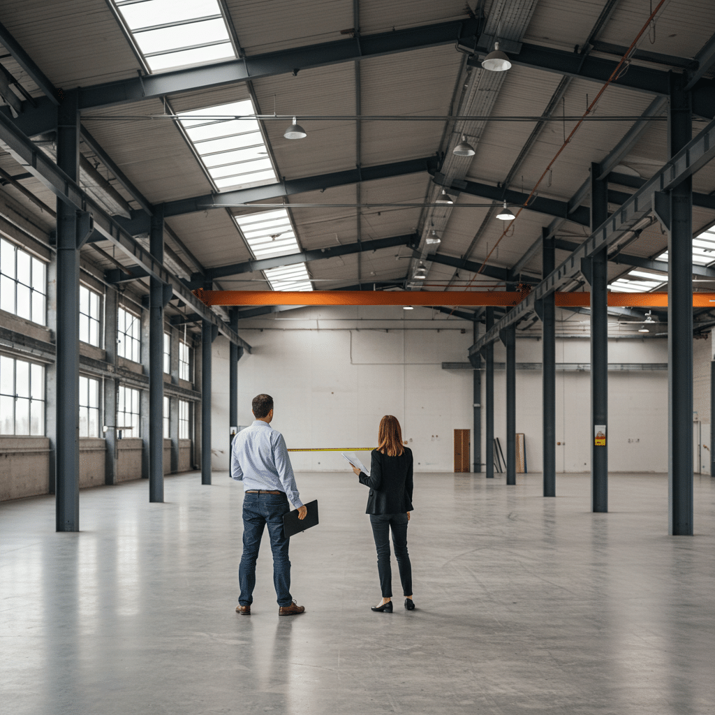 On-Site Consultation two people walking a new warehouse planning racking layout