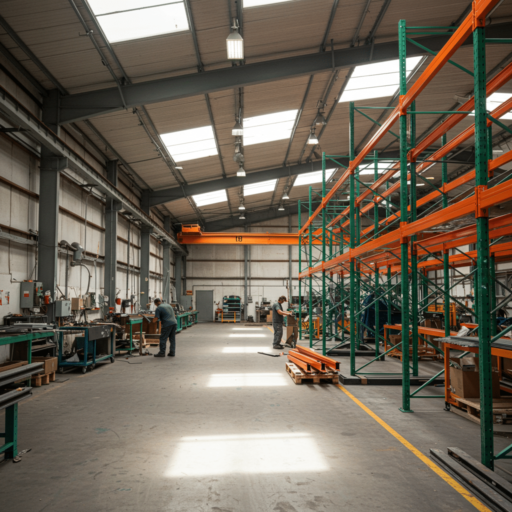 IMH Manufacturing IMH Workers manufacturing green and orange upright for racks