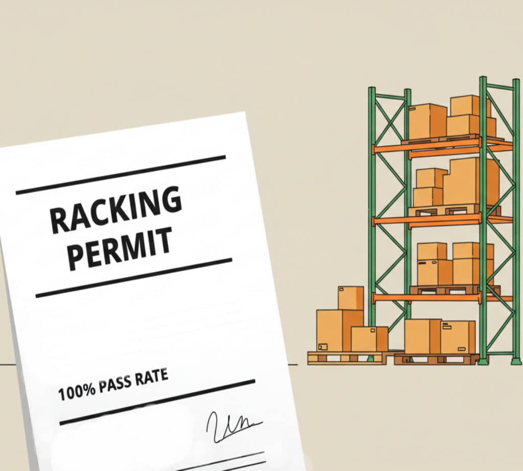 High-Pile Rack Permit High-Pile Racking permit and green and orange pallet racks in the back