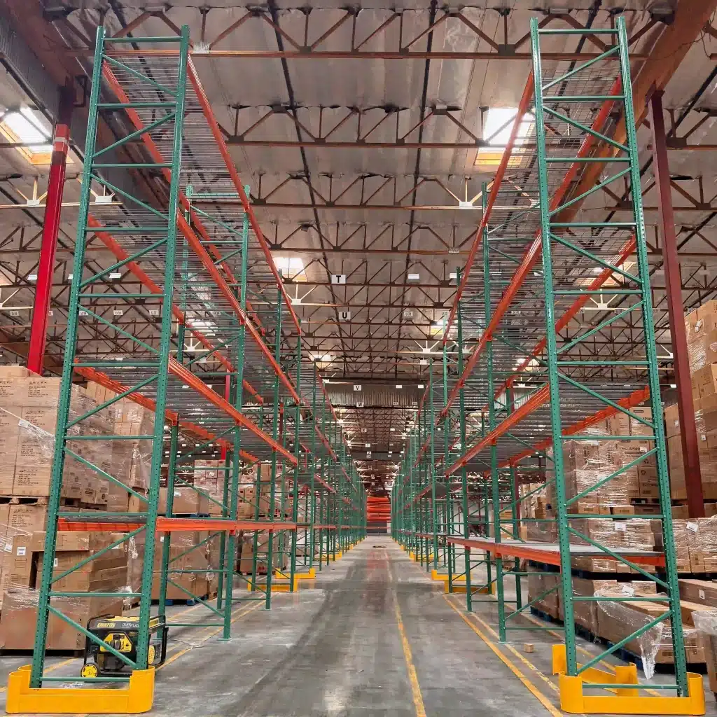 green and orange pallet racks in a new warehouse
