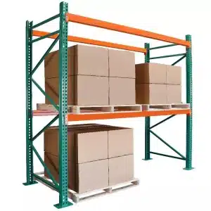 Pallet racks with a pallet of boxes with a white border