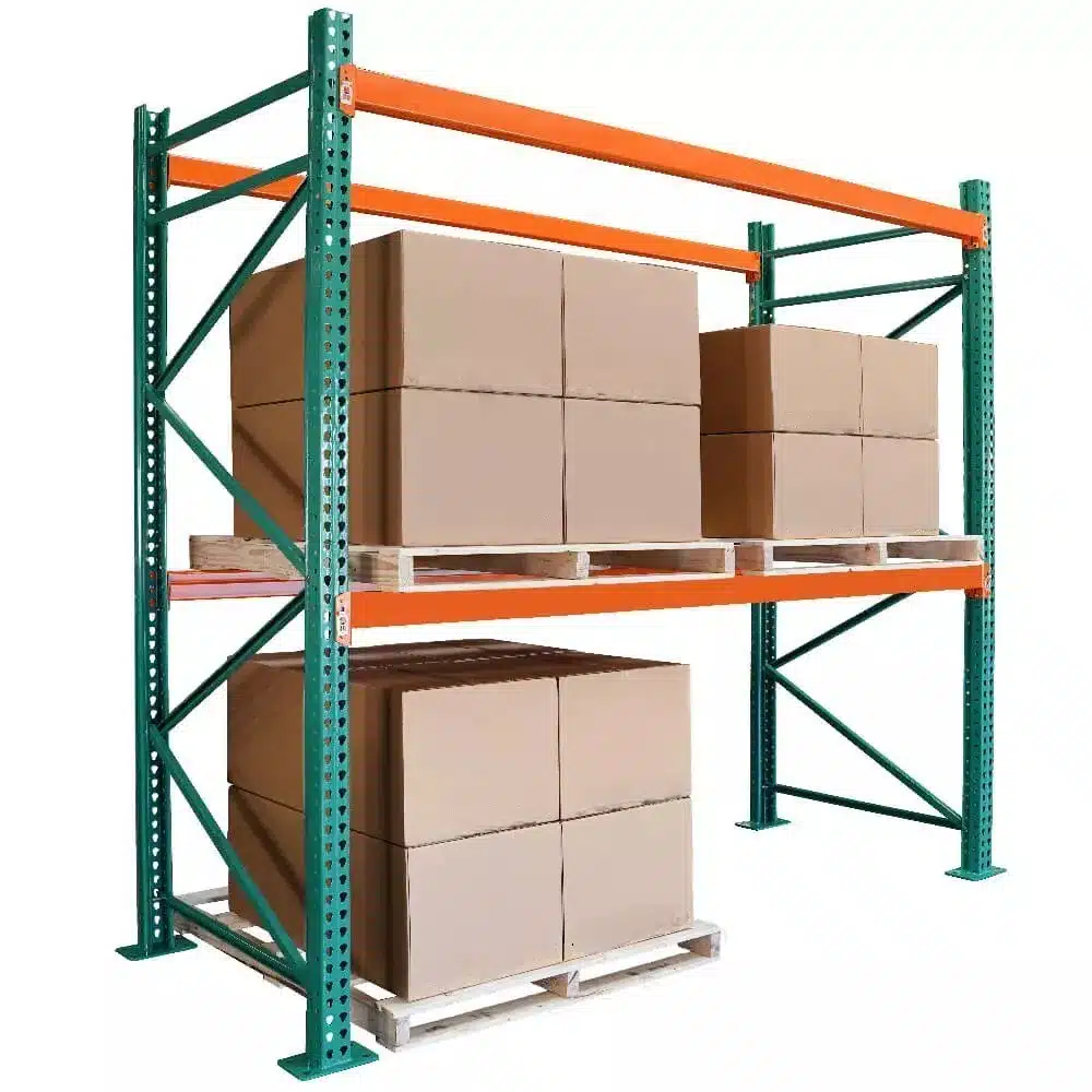 Pallet racks with a pallet of boxes with a white border
