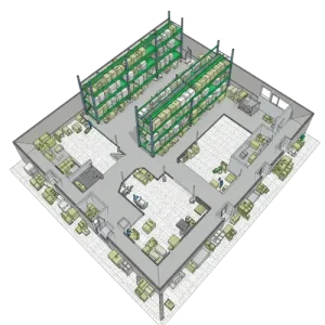 Warehouse Floorplan Design E-commerce warehouse layout showing optimized racking for pick-and-pack efficiency and fast SKU access
