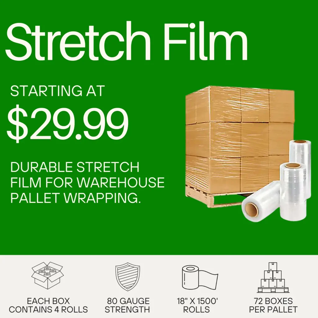 Pallets wrapped in stretch film in a warehouse in california