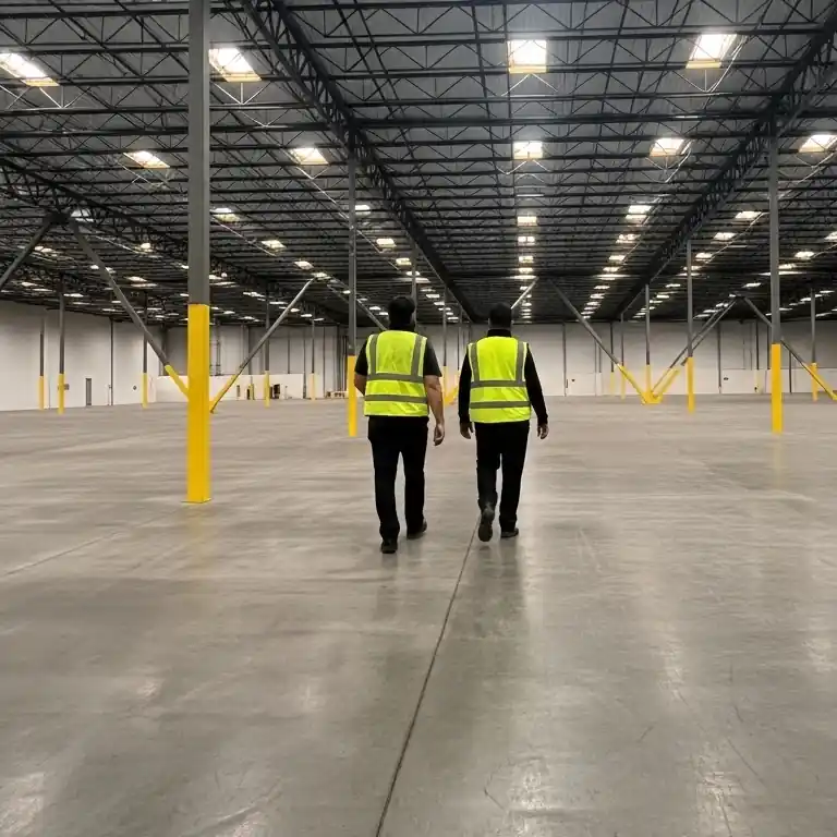 Warehouse-Layout-Design-California Two people walking a warehouse floor to create a racking design for a 3PL in Los Angeles