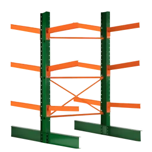 Heavy-duty cantilever racking system installed in a Southern California warehouse for storing long materials like lumber, pipe, and steel.