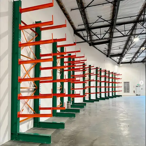 Perris CA Cantilever Racking Cantilever racking in Perris warehouse storing long construction materials like lumber and steel